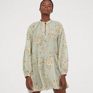 H&M Sunflowers Floral Balloon Sleeve Boxy Relaxed Drop Waist Shift Dress Size 12